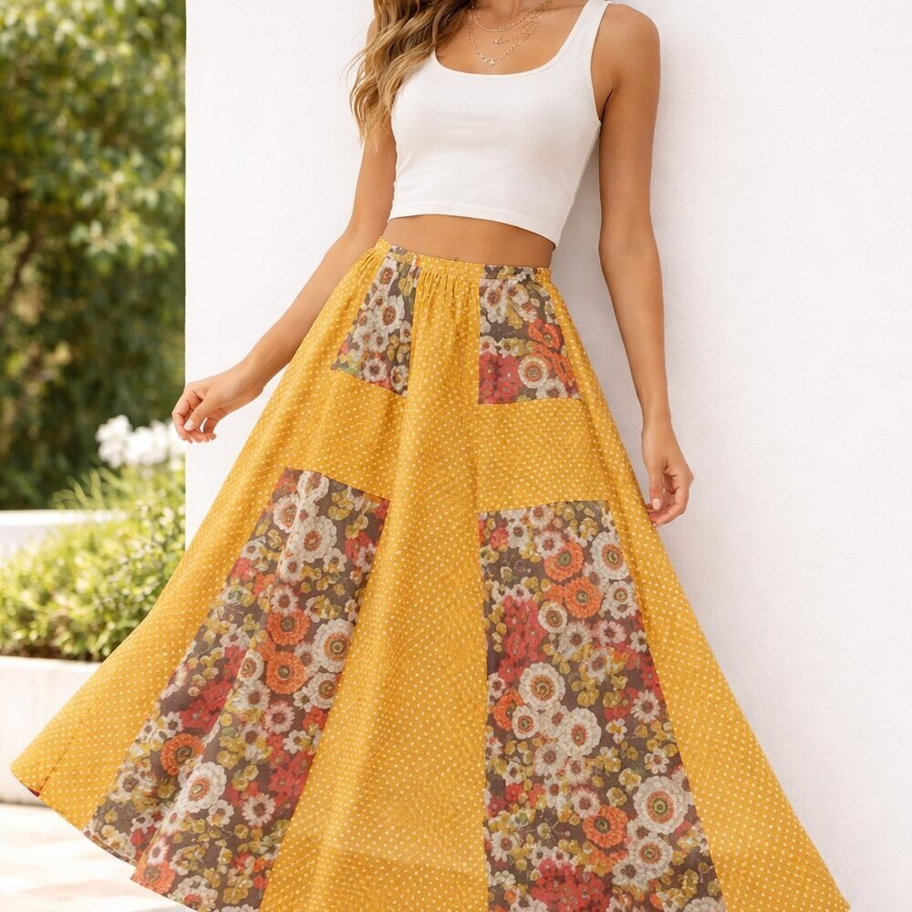 Chessa Davis Mustard Polka Dot Patchwork Floral Pull-On Midi Skirt Boho Prairie